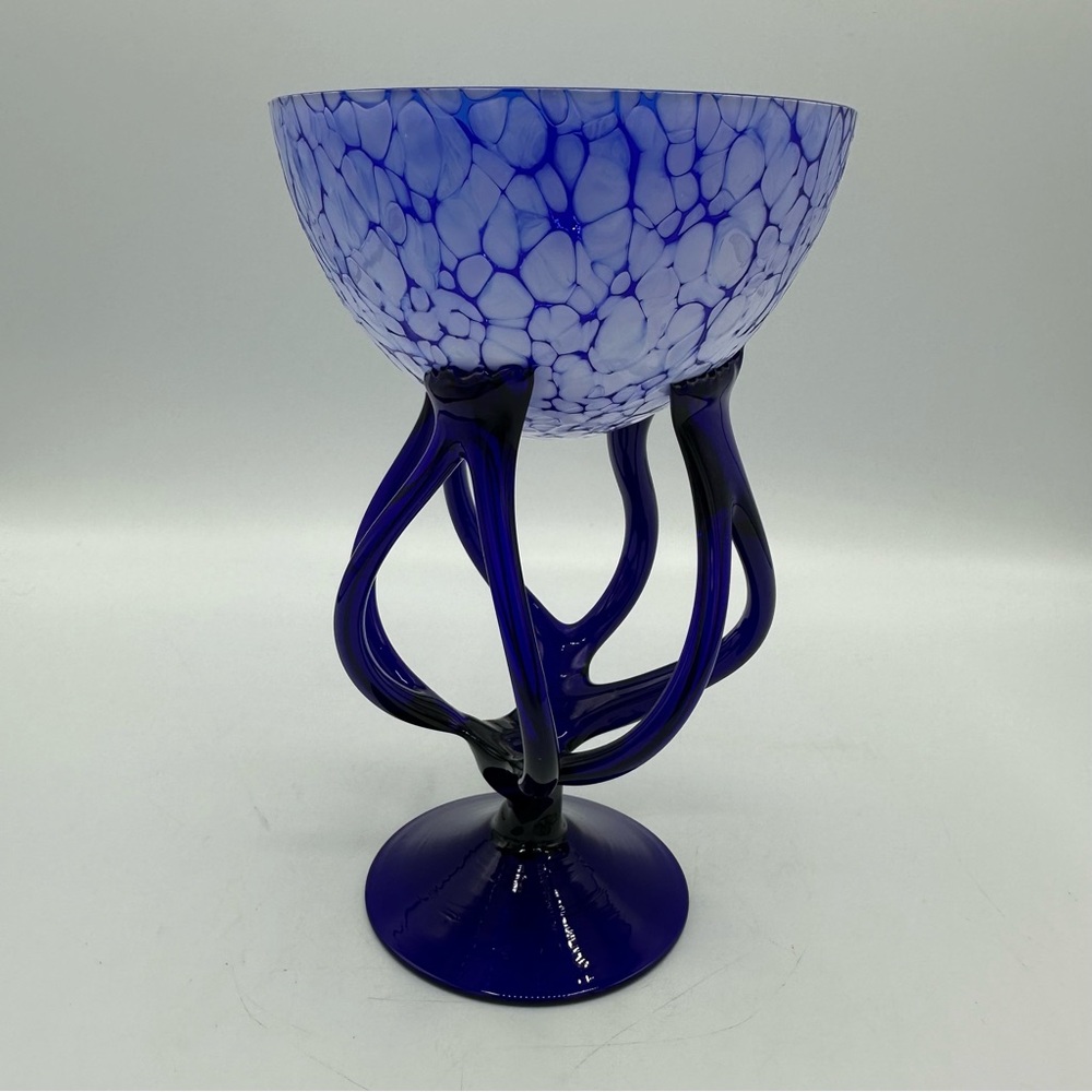 Jozefina Krosno Art Glass Jellyfish Pedestal Bowl 8” Cobalt Blue Poland